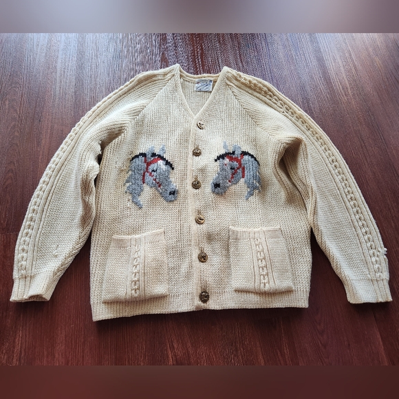 Caldwell Sweaters - Caldwell Wool 70s Cowichan Horse Sweater Cardigan Fisherman Core Knit